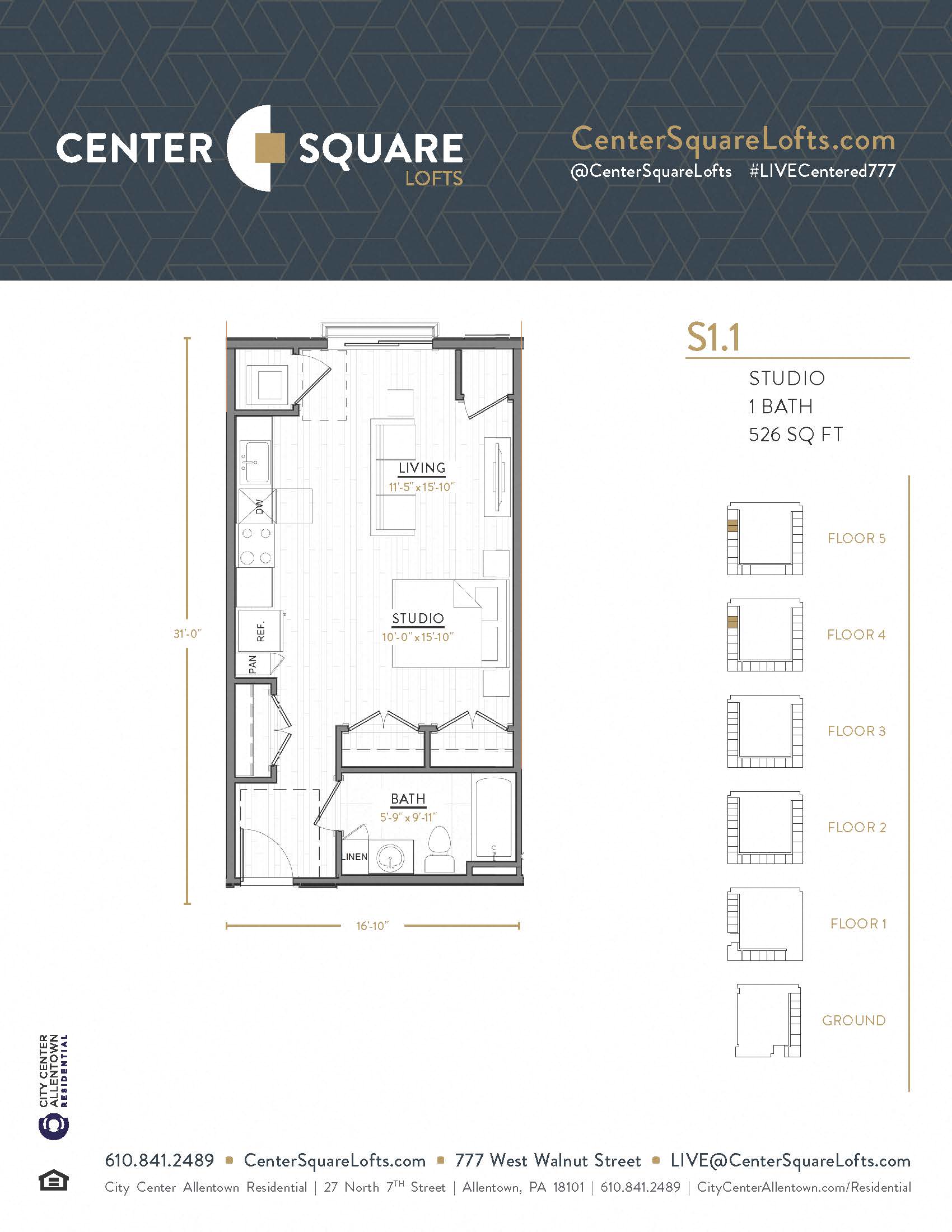 Floor plan for studio, 1 bath, 526 sqft